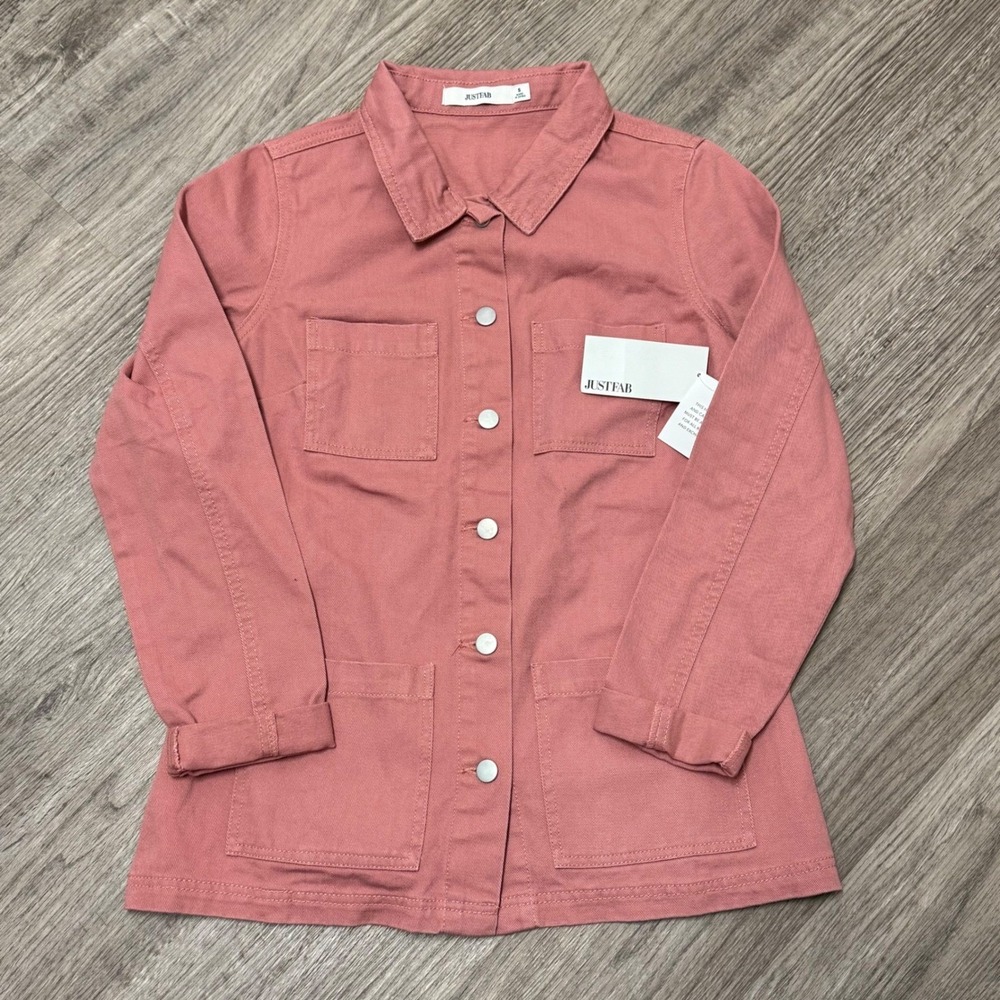 JustFab Women Pink Utility Chore Jacket Button Front Twill Coat Small New